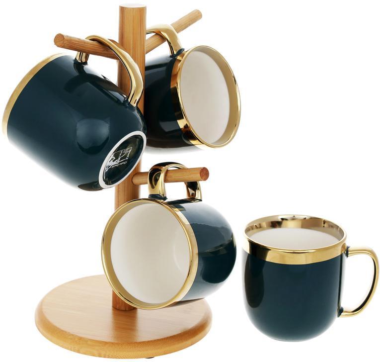 Чайний набір "Золота Лінія" 4 кухлі 320 мл на бамбуковій стійці, темно-зелений, фото 1