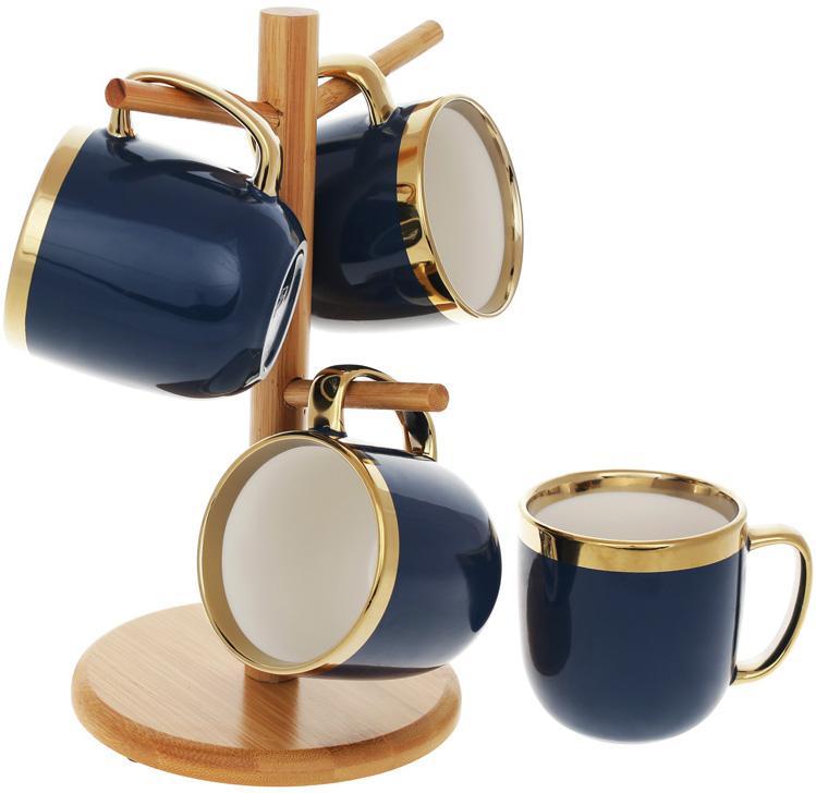 Чайний набір "Золота Лінія" 4 кухлі 320 мл на бамбуковій стійці, темно-синій, фото 1