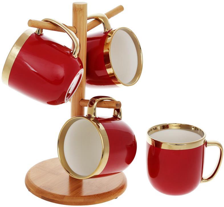 Чайний набір "Золота Лінія" 4 кухлі 320 мл на бамбуковій стійці, бордо, фото 1