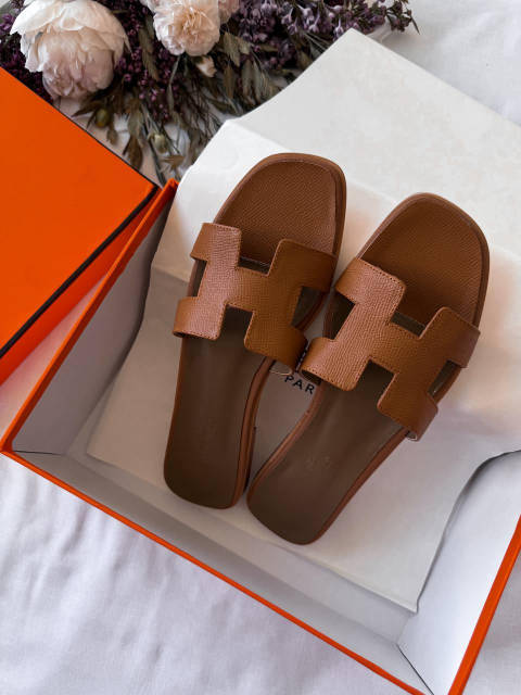 Тапочки женские коричневые Hermes Oran Slippers Brown (12688