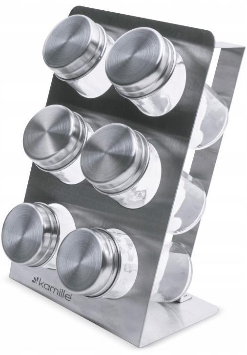 Набір для спецій Kamille Mirele Silver 6 ємностей на сталевій підставці, фото 1