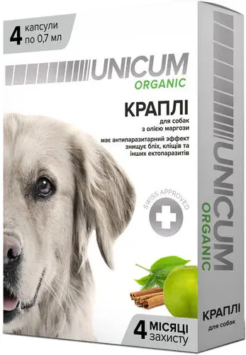 Unicum Organic UN-026 краплі від бліх і кліщів з олією маргози для собак, захист на 4 місяці, 4 шт*0.7 мл, фото 1