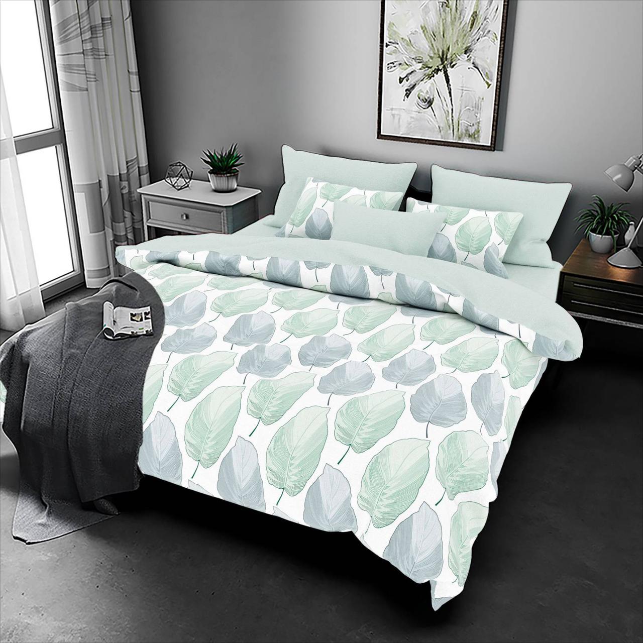 Підковдра на блискавці 145х215 (Бязь) | Полуторна підковдра від виробника "Королева Ночі" | Листя на білому та бірюзовому, фото 1