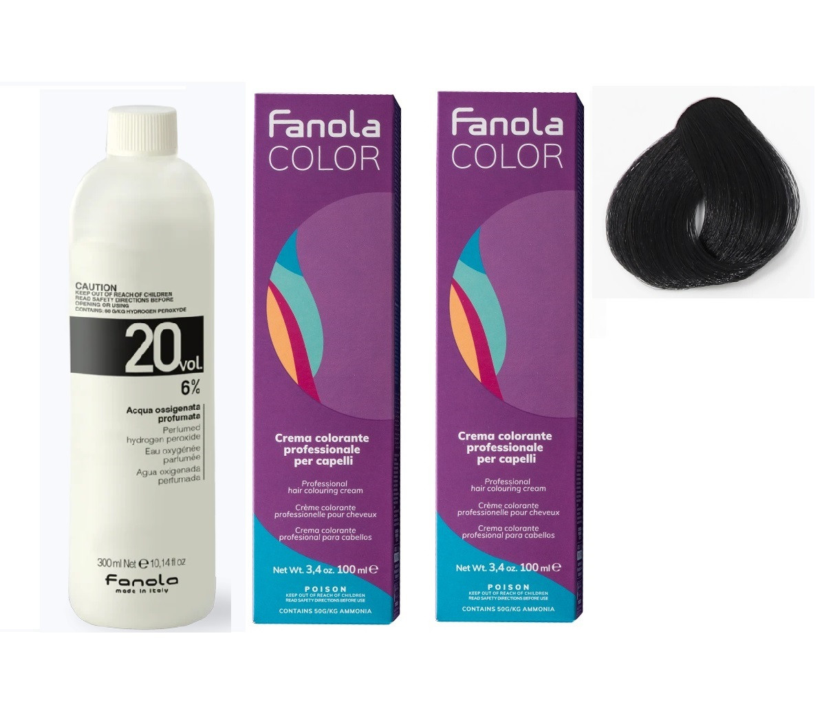 Набір Фарба для волосся Fanola №1.0 Чорна Black 2шт. + Окислювач 6% 20 Vol 300 мл.