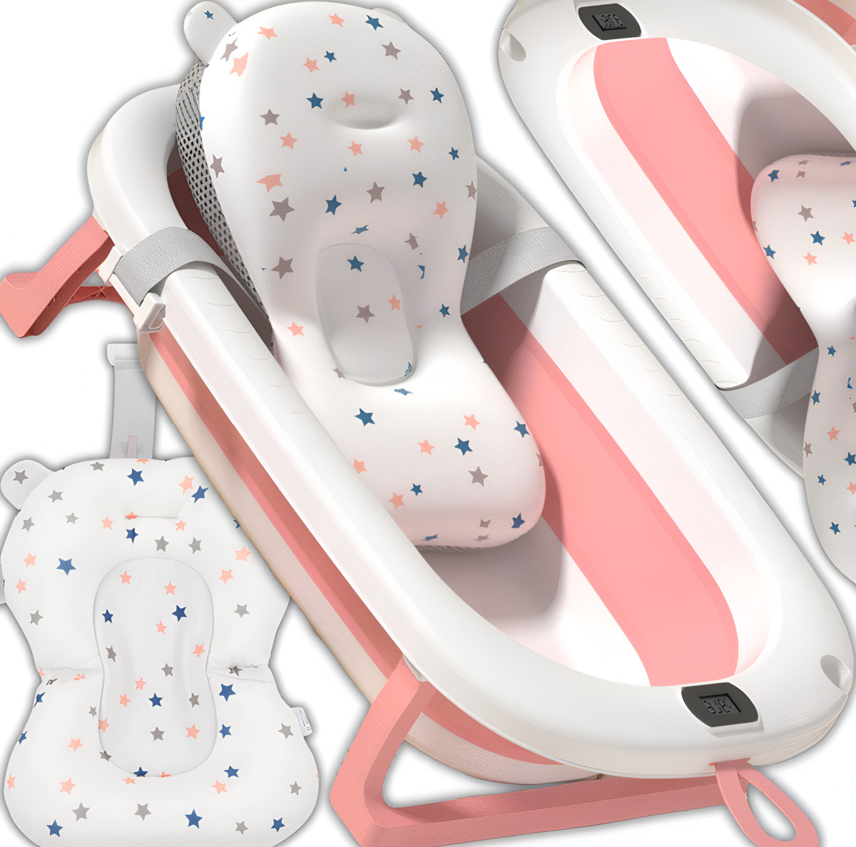 Дитяча складна ванна для купання новонароджених з подушкою + термометр Pink, фото 1