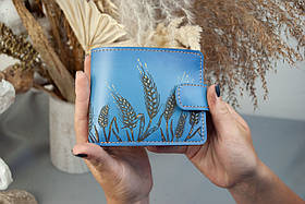 Жіночий шкіряний гаманець блакитний з колосками Пшениці