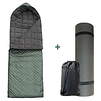 Зимний спальный мешок на флисе -30 хаки с карематом спальник одеяло зима весна с капюшоном