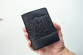 Обкладинка ПАСПОРТ чоловіча шкіряна чорна з тисненням Тризуб Герб України