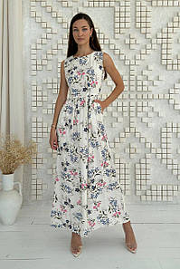 Сукня жіноча літня довга штапельна бежева в квітковий принт без рукавів сарафан 3549-01