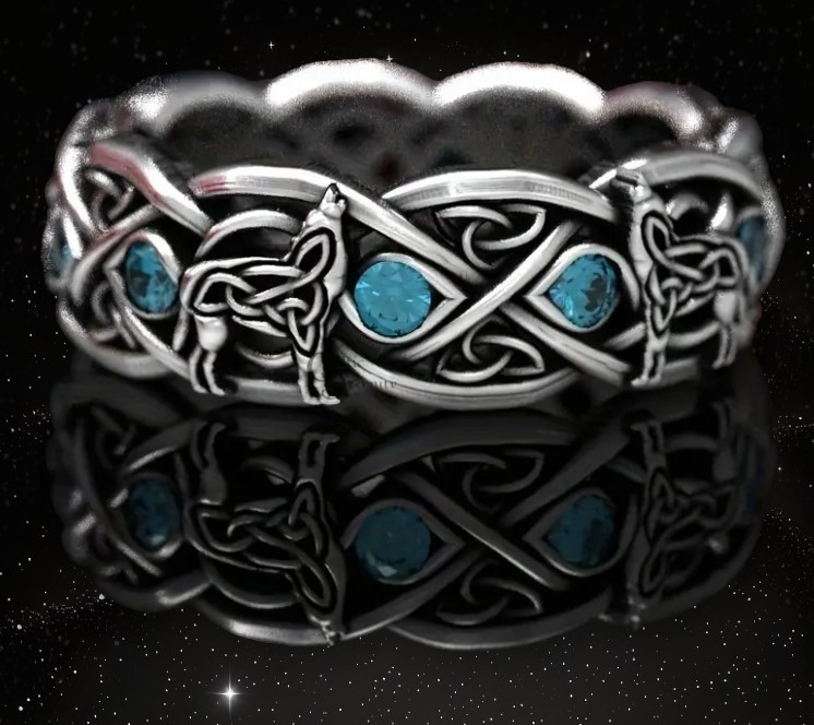 Каблучка чоловіча печатка перстень з синім каменем Вовки зграя і Трікетра Вічне життя і сила сріблясте розмір 16, фото 1