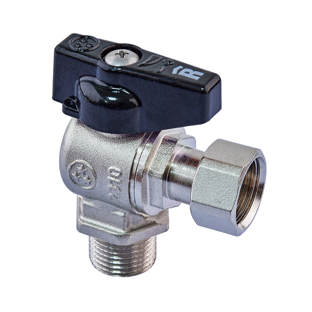 Кутовий кульовий кран Roho R116-050B 1/2" для води, нікельований, чорна ручка (RO0236)