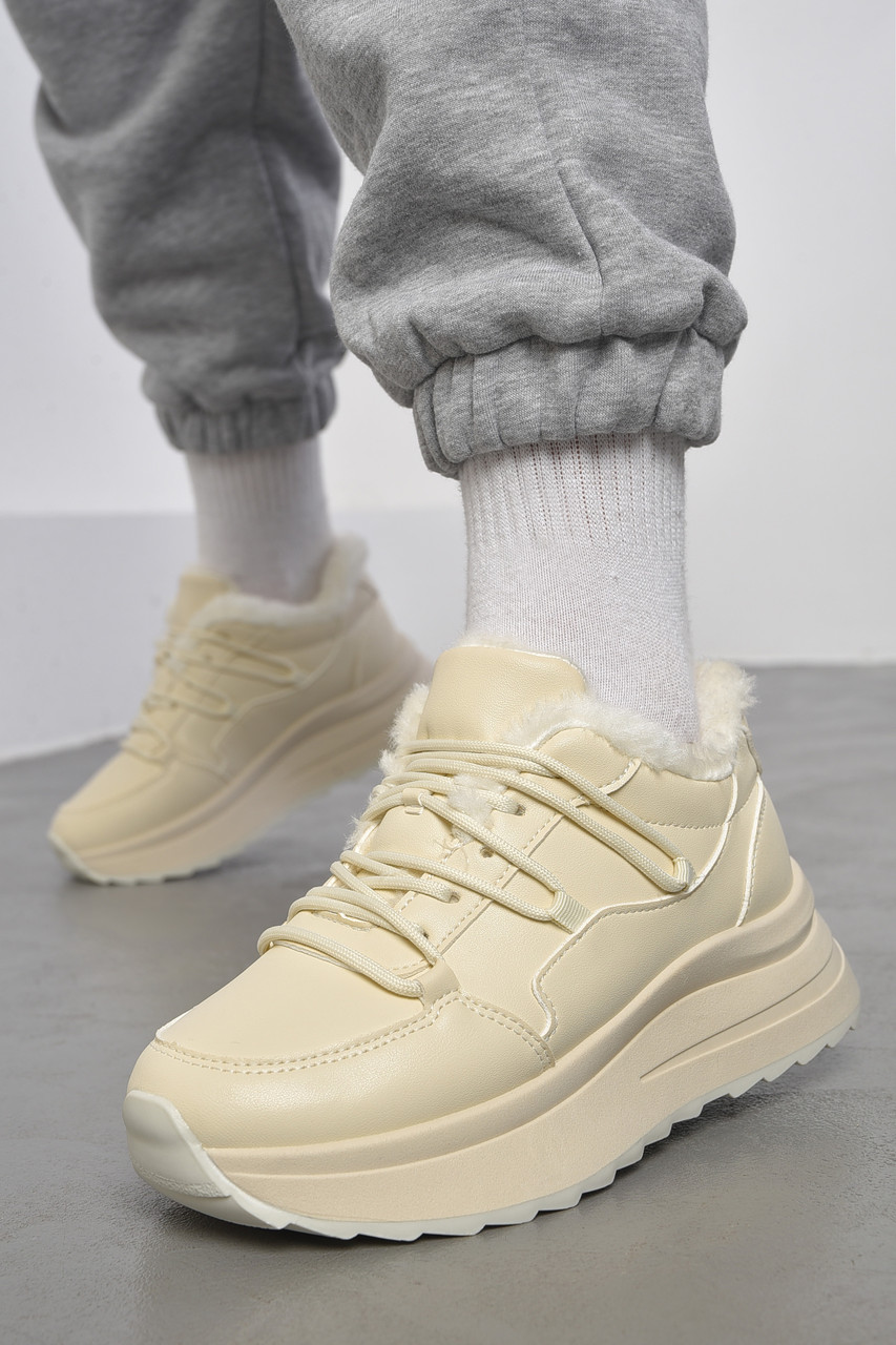 Кросівки жіночі на хутрі світло-бежевого кольору р.37 183582T Безкоштовна доставка, фото 1