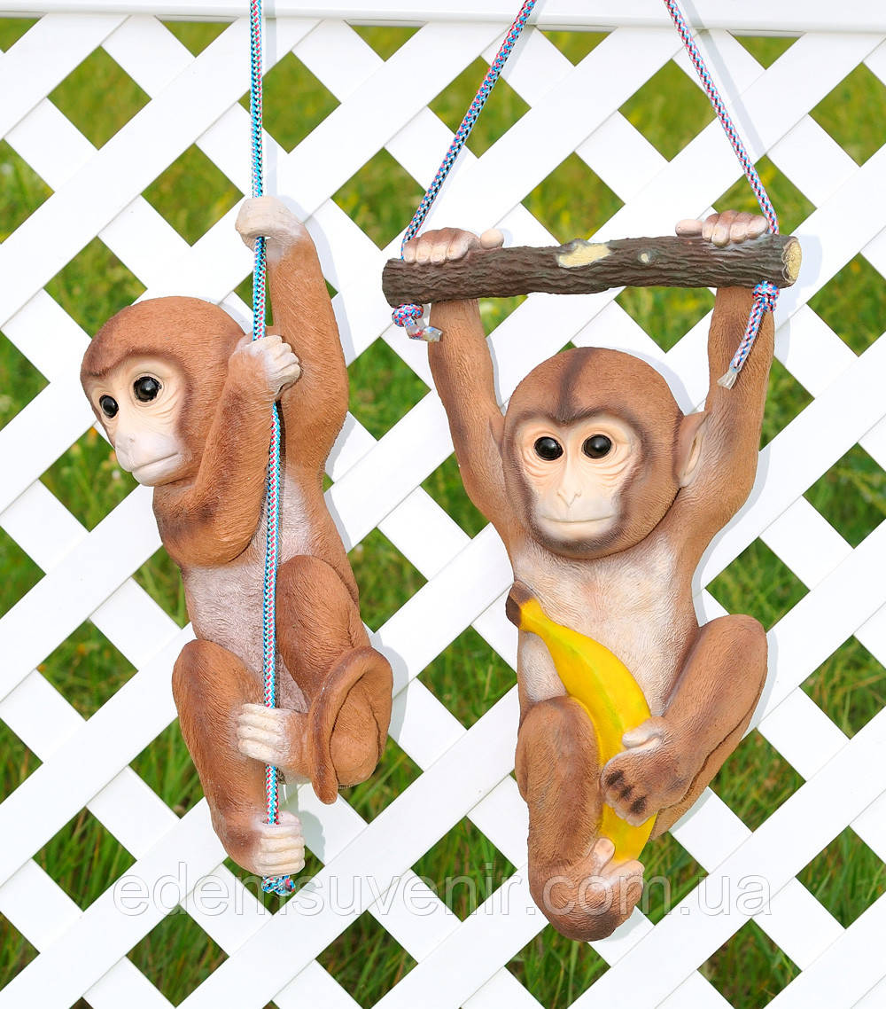 Комплект садових фігур Мавпи на мотузці та гілці (2 шт., висота 41 см і 45 см) з полістоуну, декор для дому і саду