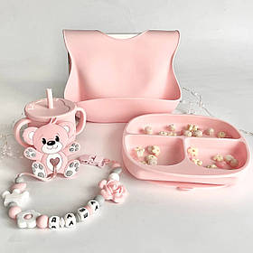 Набір силікорнового посуду для дітей  для прикорму, на присосках з іменним гризунком Ведмедик