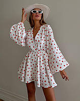 Женское муслиновое летнее платье с длинными рукавами принт клубника, женское белое короткое платье муслин