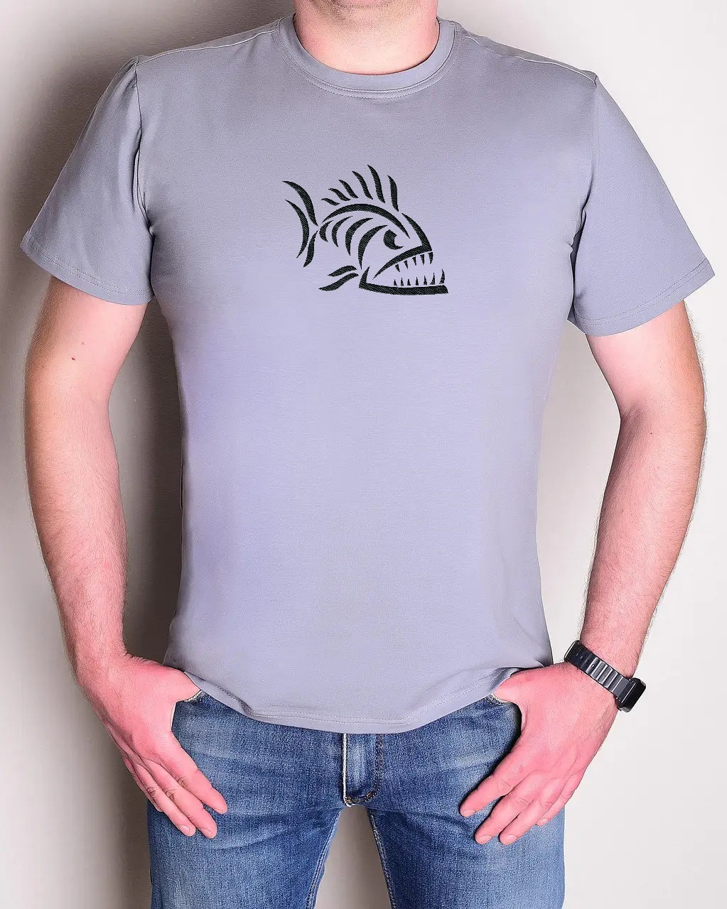 Футболка з вишивкою р.46-56 "Crazy Fish" сіра, фото 1