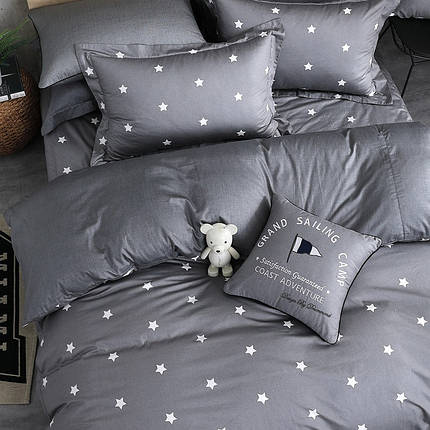 Двоспальна сіра постільна білизна з зірками 180*220 з Бязі Gold з простирадлом на гумці Черешенка, фото 1
