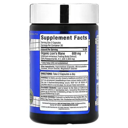 (уцінка термін по 4.25) Їжовик гребінчастий AllMax Nutrition Lion's Mane 300 мг 60 капс., фото 2