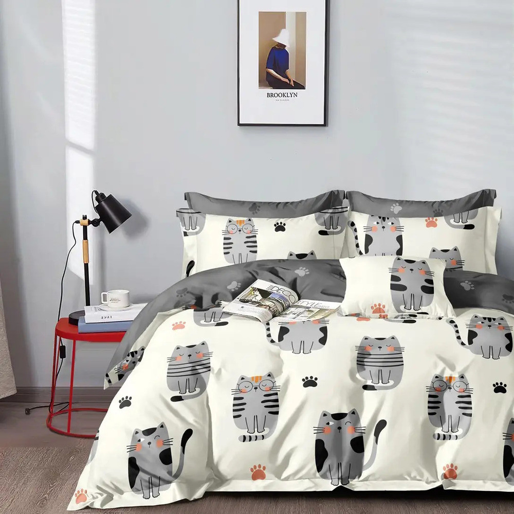 Постільний комплект двоспальний 180х220 Котики (22833) Бязь Ранфорс з компаньйоном, фото 1