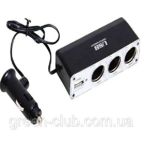 Розгалужувач прикурювача PULSO 3 виходи + 1 USB 600mA дріт/запобіг. (WF-0096A) (WF-0096A)
