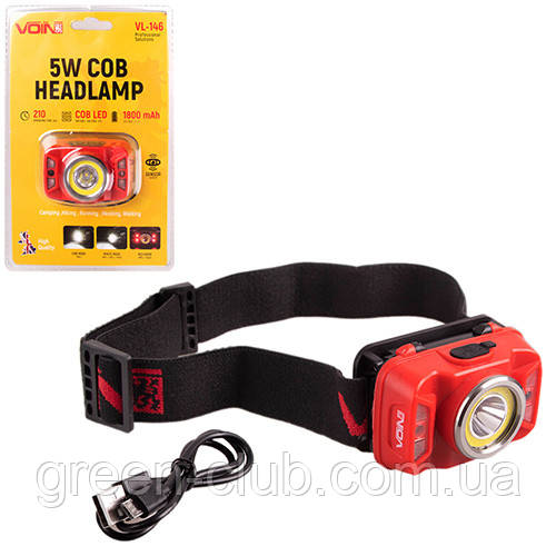 Ліхтар налобний VOIN VL-146, 5W-COB+(W/R)+5W XPE/АКБ1800mAh/регулювання/сенсор (VL-146)