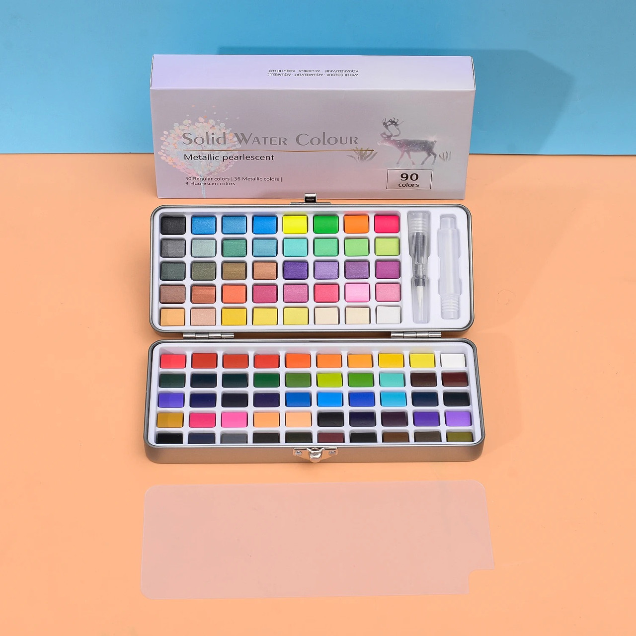 Набір акварельних фарб, набір для малювання з неоновими фарбами, металік, 90 кольорів та приладдя, фото 1