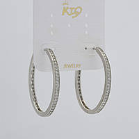 Сережки кільця овали металеві сріблястого кольору з білими каменями з неіржавкої сталі 952S діаметр 33 мм