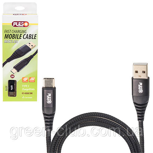 Кабель PULSO USB — Type C 3 А, 2 m, black (швидке заряджання/передавання даних) (CC-4202C BK)