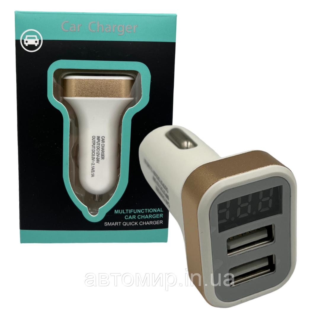 Автомобільна зарядка в прикурювач автомобіля та вольтметром червоного кольору 2USB/3.1A, фото 1