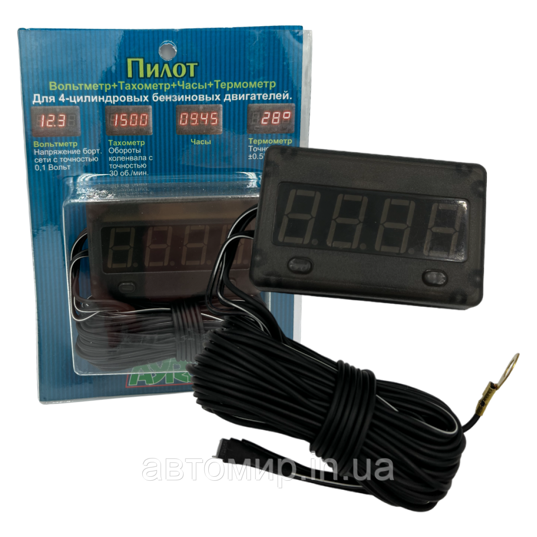 Цифровий автомобільний термометр + вольтметр + тахометр + годинник 12 вольт накладний на 2 сторонньому скотчі AYRO, фото 1
