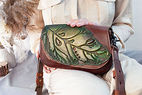 Авторська сумка Листочок з ручним розписом із італійської шкіри. Маленька шкіряна сумка на плече рудо-коричнева