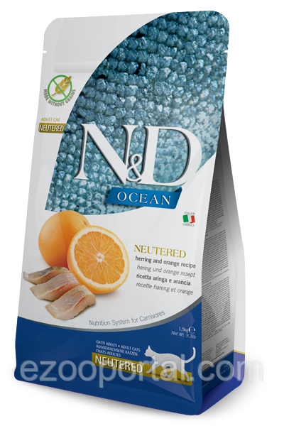 Сухий корм для котів Farmina N&D Grain Free Ocean Sterilized 10кг оселедець та апельсин