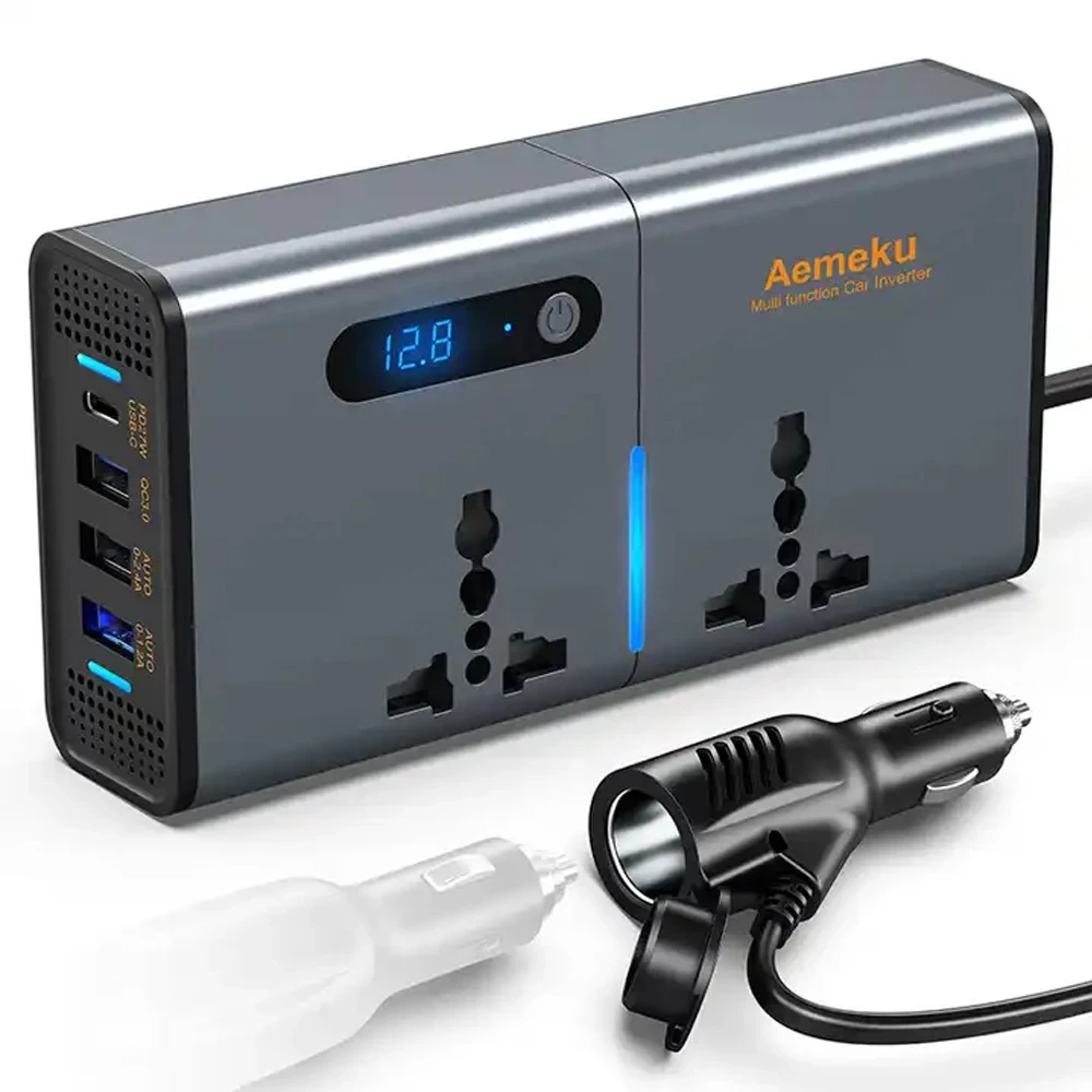 Автомобільний інвертор від прикурювача Aemeku 12В-220B 200W QC, PD, перетворювач напруги