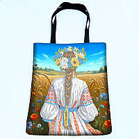 Сумка шопер для вишивання Українка спиною з вінком із квітів. Чорна