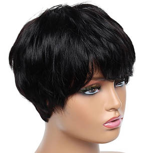 Перука чорна коротка Піксі Color: 1B натуральне бразильське волосся 180% плотність, фото 2