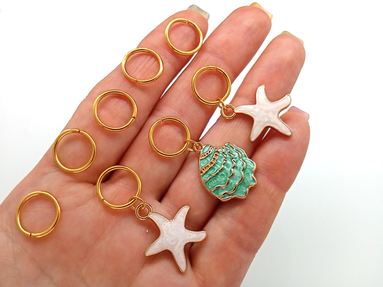 Мушля та морські зірки — пірсинг для волосся #537, набір золото, набір (8 шт.), фото 1