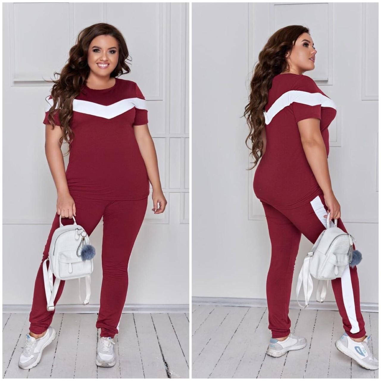 

Женский костюм удлиненная футболка и штаны на груди белая вставка бордо, Бордовый