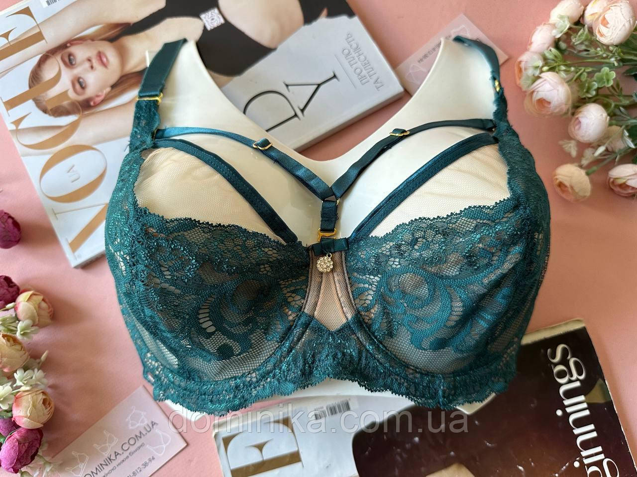 80/85/90Д Бюстгальтер без поролону на 4 розмір з портупеями смарагдовий