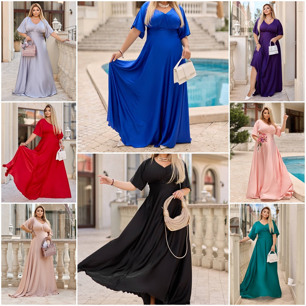 Плаття однотон із короткими рукавами міді шовк Розміри батал