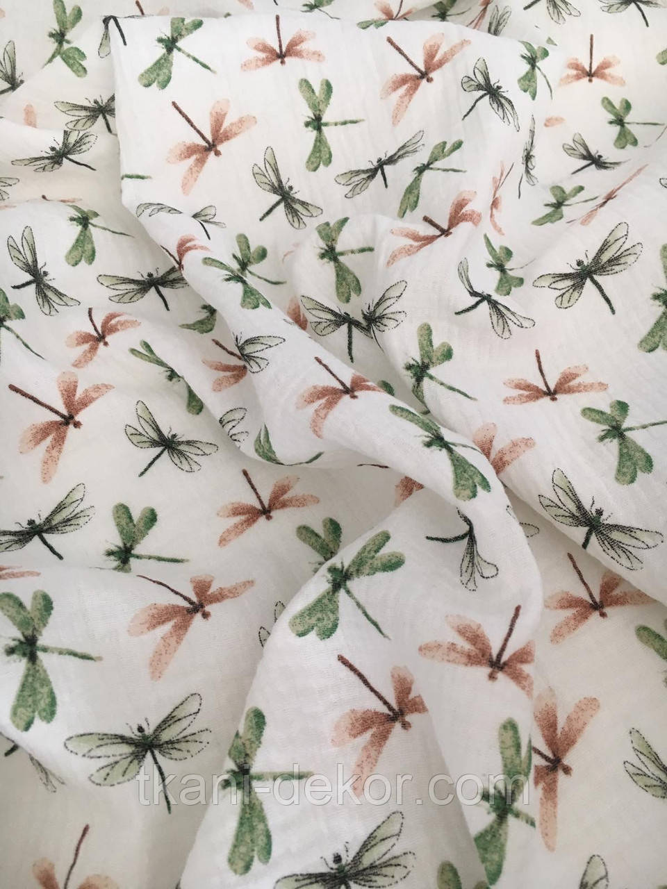 Муслін (жатка 1,35 м) бежеві та зелені стрекози, 135см, фото 1