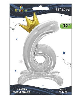 Кулька фольгована цифра з короною на підставці "6" срібло 32" (80cm) Pelican Срібний Pelican (831426) KNZ, фото 1