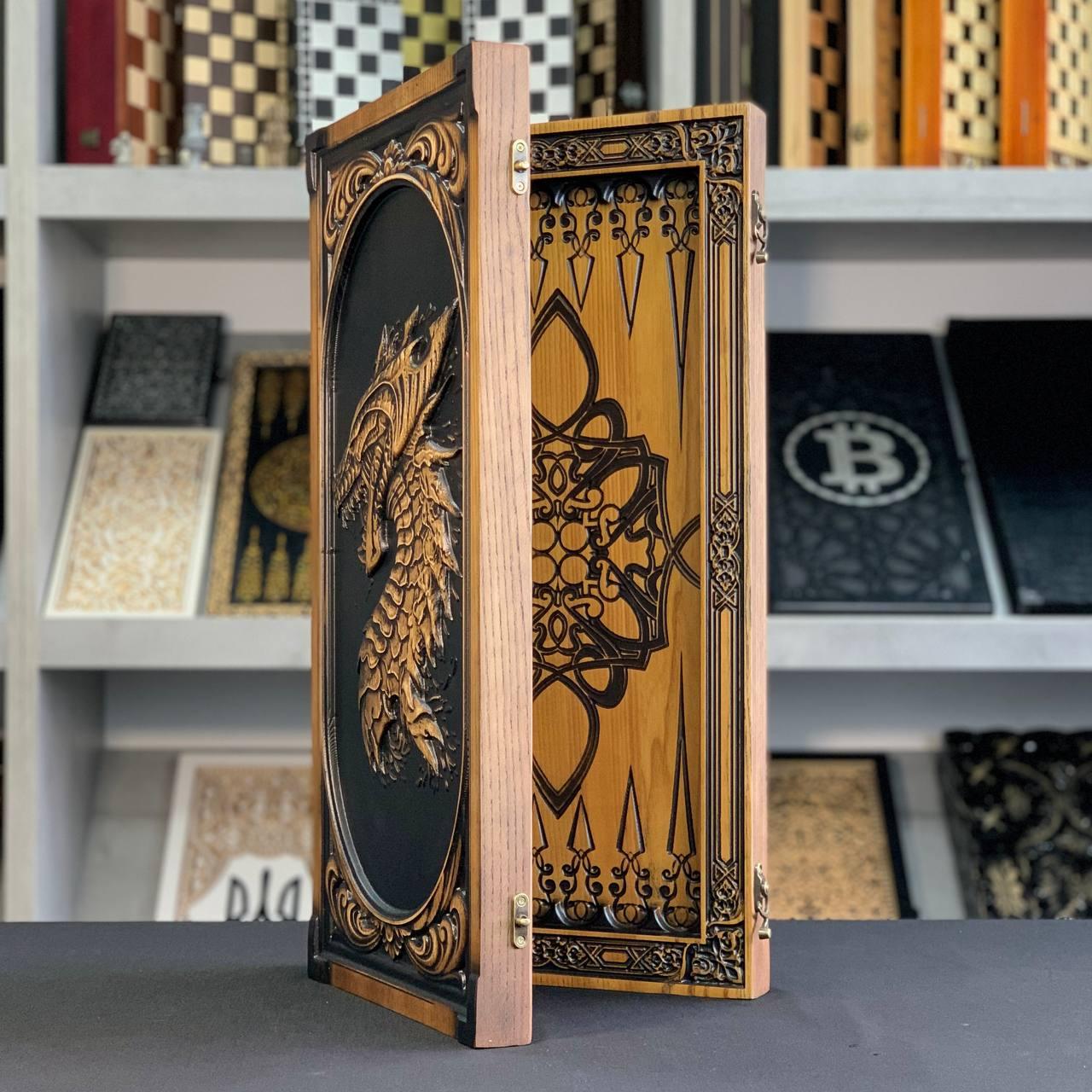 Нарди дерев'яні подарункові 64х32 см Легенда про Дракона, фото 1