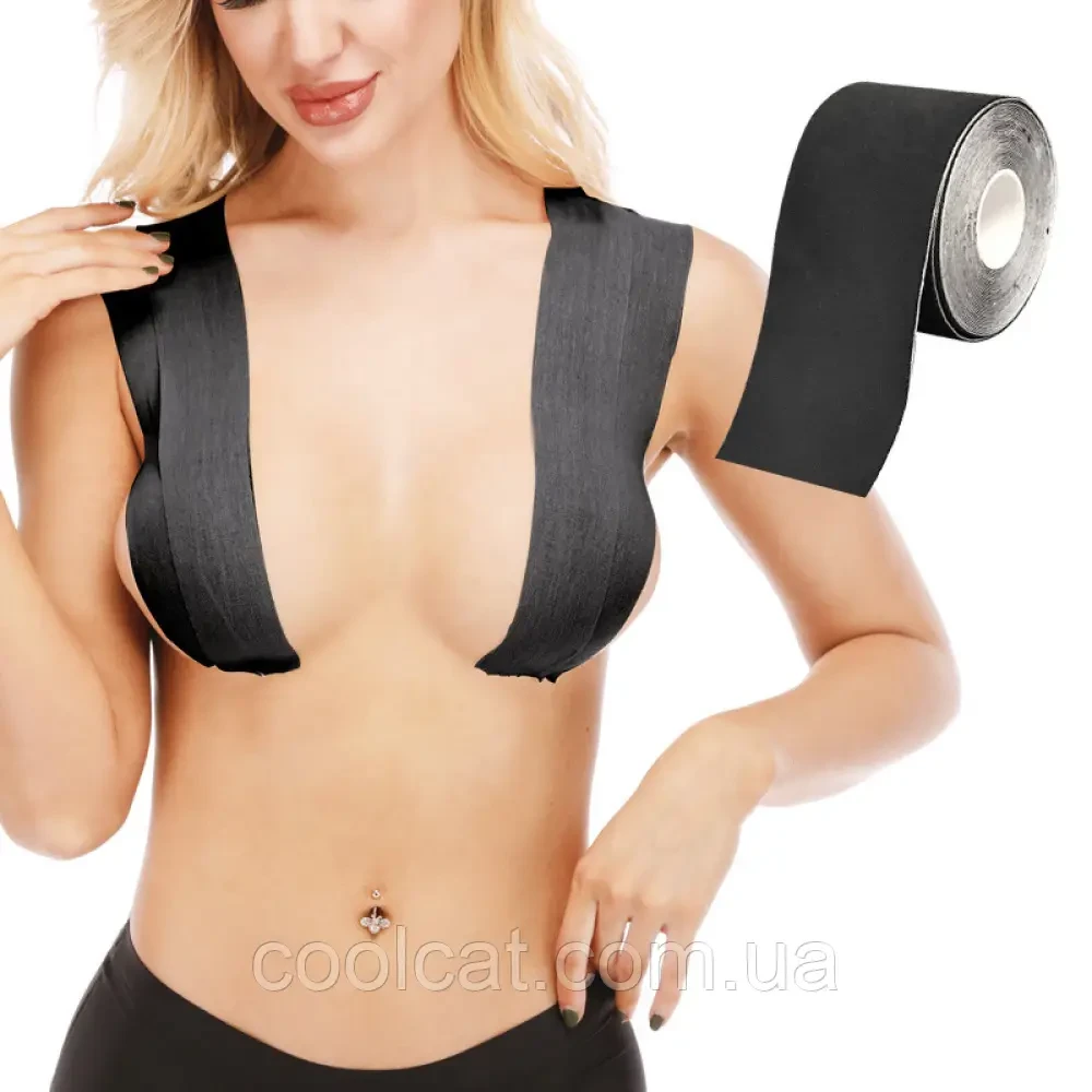 Кінезіо тейп для грудей 6,8м×5см, 1 рулон, Boob Tape, Чорний / Бюстгальтер-невидимка / Кінезіологічна стрічка