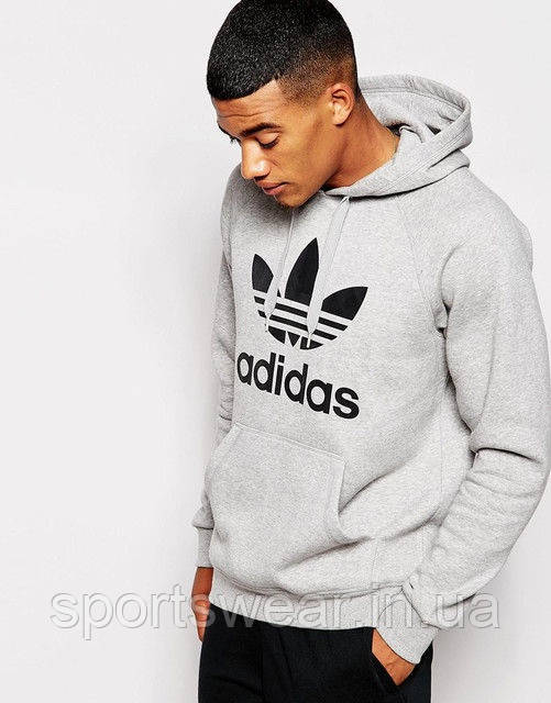 Світшот чоловічий Adidas з капюшоном Sweatshirt Кофта спортивна з логотипом Адідас Кенгуру сіре Літнє Зимове