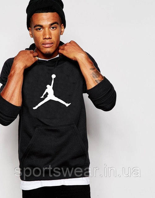 HOODIE Jordan Толстовка чоловіча з принтом Джордан, Кенгуру чорна з кишенею, Кофта спортивна з капюшоном