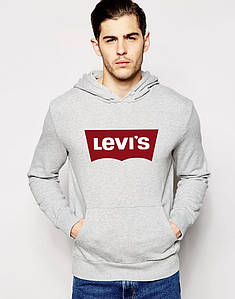 Худі Levis Чоловіча Кенгуру, Кофта з капюшоном Левіс сіра червоний принт, Толстовка Ливайс Літня \ Зимова х \ б