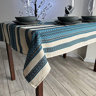 Скатертина лляна синя "Український орнамент", люкс якість (Під замовлення, або стандартний розмір)