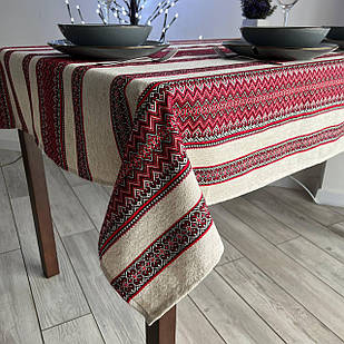 Скатертина лляна червона "Український орнамент", люкс якість (Під замовлення або стандартний розмір)