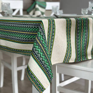 Скатертина лляна зелена "Український орнамент", люкс якість (Під замовлення, або стандартний розмір)