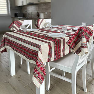 Скатертина лляна червона з жовтим "Український орнамент", люкс якість (Під замовлення, або стандартний розмір)